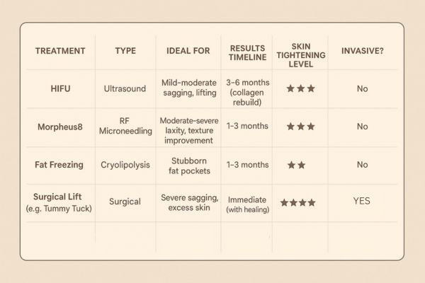 Table showing the comparisons of Skin tightening Brierley Hill treatment options.